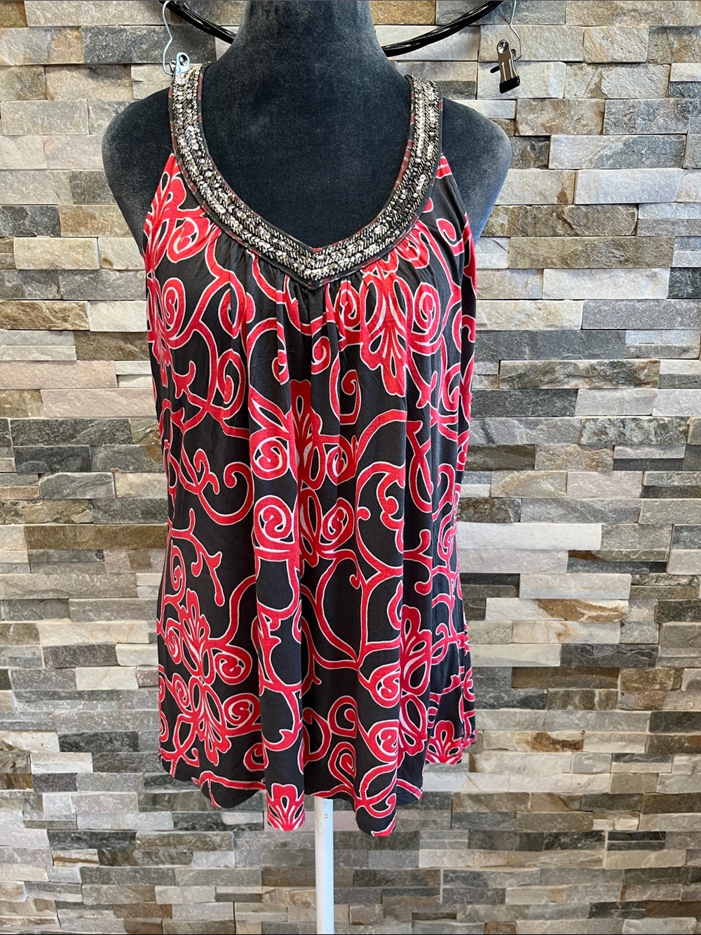 Beaded Neckline Red & Black Printed Halter Tank Top